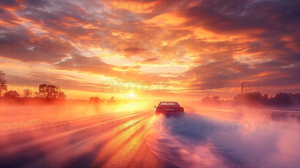 A classic car drives through the countryside at sunrise amidst a beautiful mist, AI generated