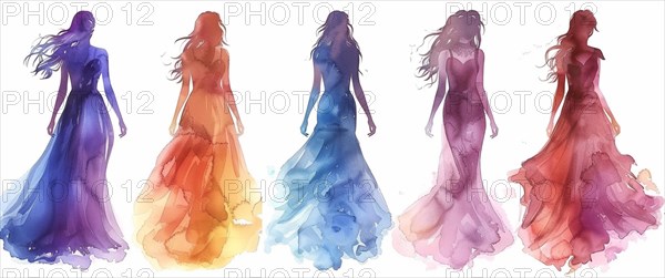 Elegant women in gradient watercolor dresses from blue to red, showcasing fashion and movement, banner 3:1 wide style, horizontal aspect ratio, AI generated