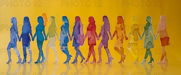 Silhouettes of women forming a color gradient from yellow to purple symbolizing progression and unity, banner 3:1 wide style, horizontal aspect ratio, AI generated