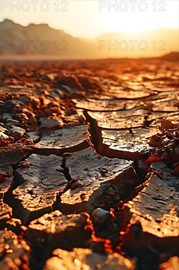 Heatwave stricken terrain displaying cracked desolated soil scorched under a blazing sun, AI generated