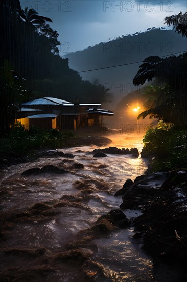 Heavy rainfall pouring on an already saturated ground leading to mudslides captured in a stormy twilight, AI generated