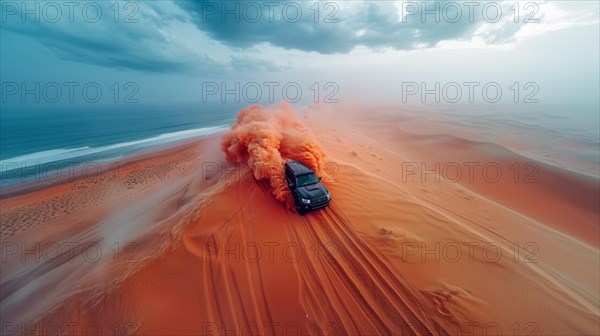 Black suv Car speeding on desert dunes, trailing vivid orange smoke, near the sea coast, ai generated, AI generated