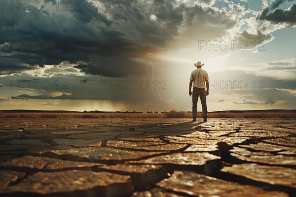 A farmer stands on a parched, cracked earth surface on the horizon a storm with heavy rain is approaching, symbolic image for water shortage, drought, extreme weather conditions, climate crisis, climate change, global warming, crop failure, crop failures, AI generated, AI generated, AI generated