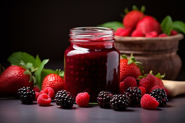 Glass jar with berry fruit mix jam or marmelade on dark background. KI generiert, generiert, AI generated