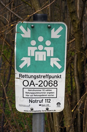 Sign, rescue meeting point near Wildpoldsried, Allgaeu, Swabia, Bavaria, Germany, Europe
