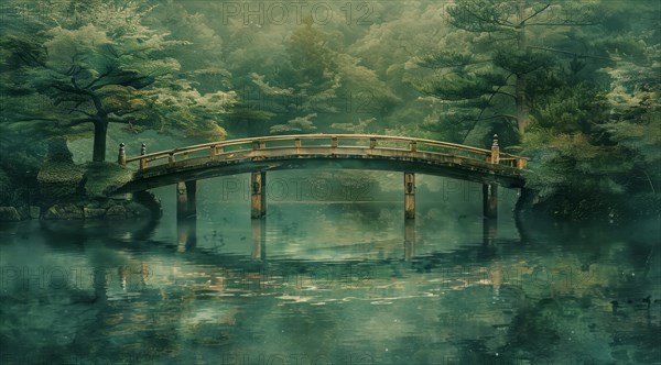 A wooden bridge spans across a misty river in a tranquil, ethereal forest scene, ai generated, AI generated