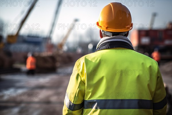 Back view of construction worker with safety vest and helmet and blurry construction site in background. KI generiert, generiert, AI generated