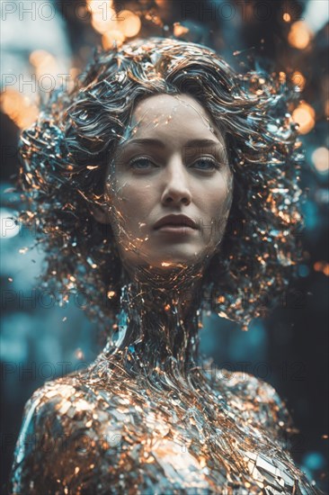 Gentle expression captured on a female covered in a detailed metallic outfit with golden hues, ray tracing 3d sculpture, AI generated