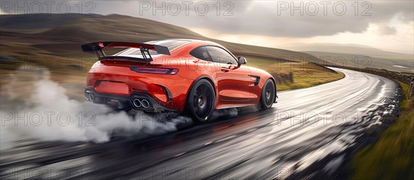 A red sports car speeding down a wet mountain road, emitting a trail of steam, preparing to drift and fishtail, action sports photography, AI generated