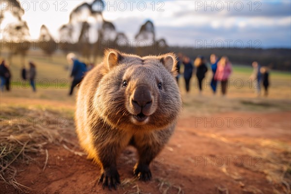Cute wombat animal in nature with people in blurry background. KI generiert, generiert, AI generated