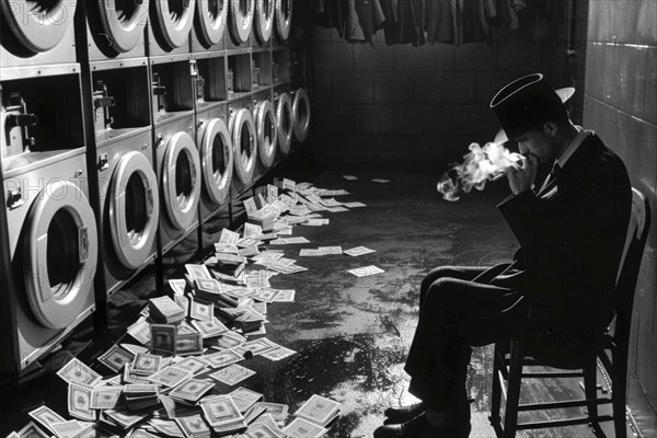 A man in an elegant suit sits relaxed on a chair, surrounded by washing machines and bundles of banknotes, symbolising money laundering, illegally obtained money, AI generated, AI generated, AI generated