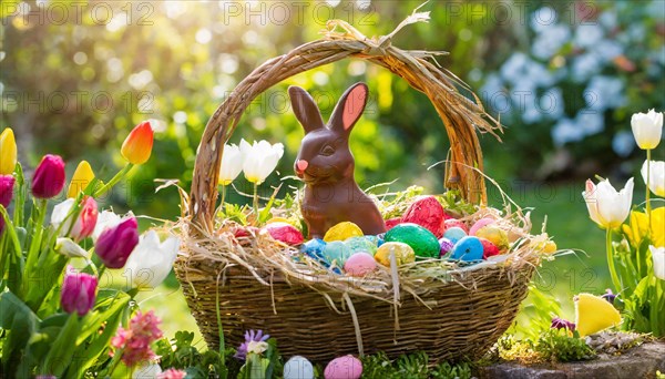 An Easter basket with a chocolate bunny surrounded by colourful eggs and tulips in the sunlight, Easter symbol, AI generated, AI generated