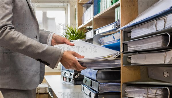 A hand reaches for a file folder on a well-stocked office shelf, symbolising bureaucracy, AI generated, AI generated