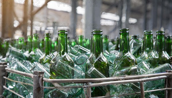 Empty glass bottles, in a recycling plant, AI generated, AI generated