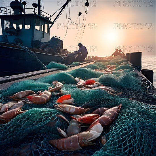 Commercial fishing net cascading onto the dock overflowing with caught shrimp fish and incidentally bycatch, AI generated, deep sea, fish, squid, bioluminescent, glowing, light, water, ocean