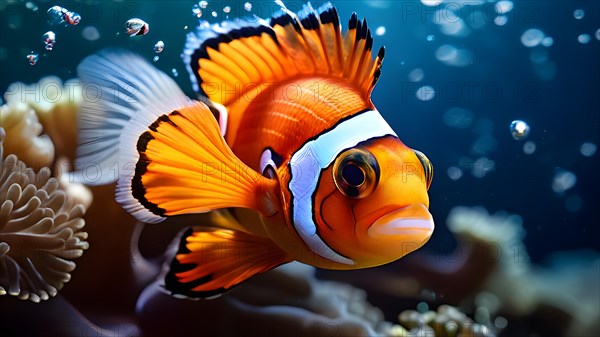 Vibrant clownfish darting through anemones, AI generated, deep sea, fish, squid, bioluminescent, glowing, light, water, ocean