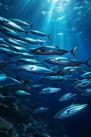 Mackerel iridescent bodies glinting rapid directional to escape predators, AI generated