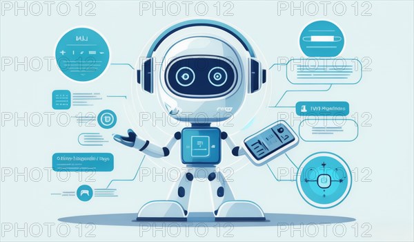 Cartoon robot with infographic elements on a friendly blue technology background, ai generated, AI generated
