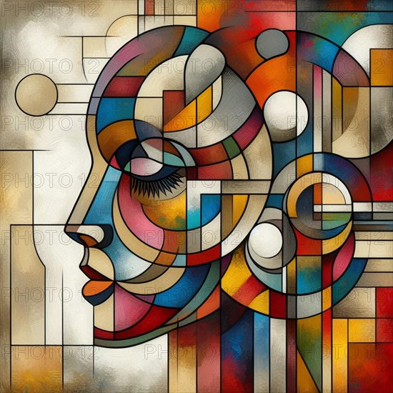 Modern abstract geometric design of a stylized face with colorful stained glass patterns, square aspect, AI generated