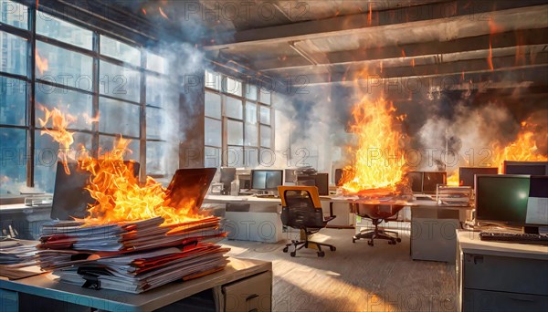 An office is on fire, smoke rises and sunlight shines through the windows, symbolising bureaucracy, AI generated, AI generated