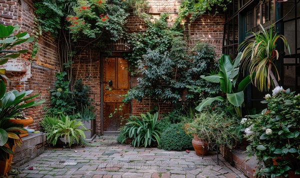 Peaceful urban garden with a variety of plants against a brick wall AI generated