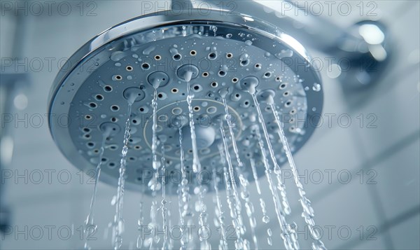 A close glimpse at water droplets flowing from a modern shower head fixture AI generated