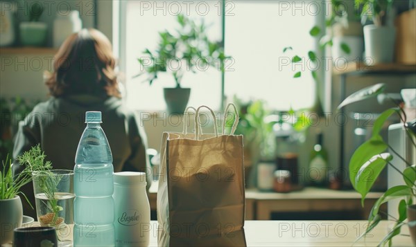 A woman in a serene kitchen setting with plants, a shopping bag, and natural window light AI generated