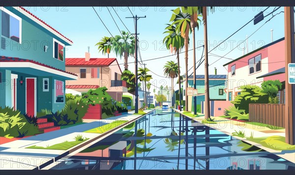 Colorful street and houses in a sunny neighborhood with reflections on water under a clear sky, AI generated