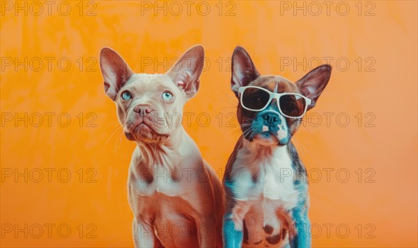 Two curious dogs wearing sunglasses against an orange background, one hairless and one spotted AI generated
