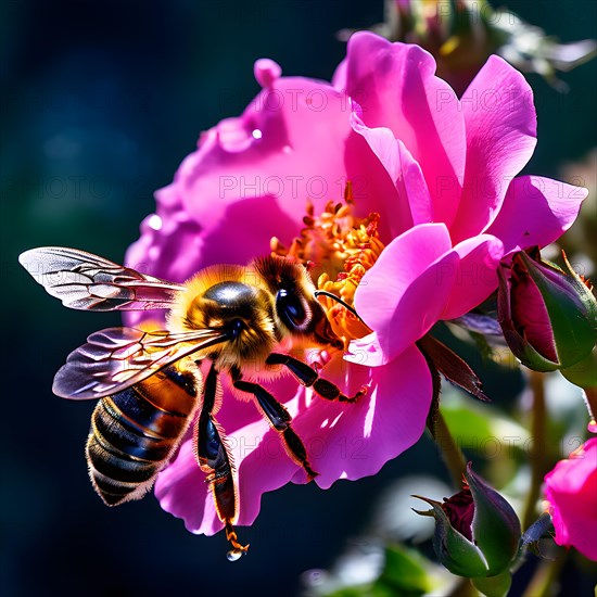 Bee engaged in the delicate task of nectar collection from a rose essence of summer garden vibrancy, AI generated