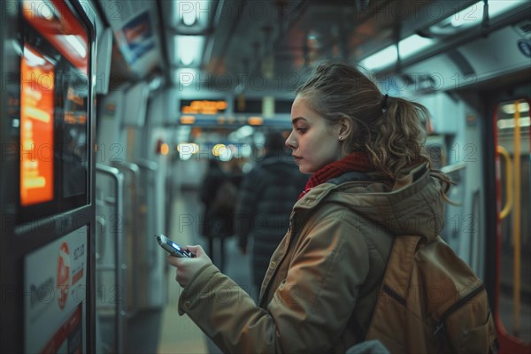Young woman using a smartphone while waiting at a subway station, urban technology scene, AI generated