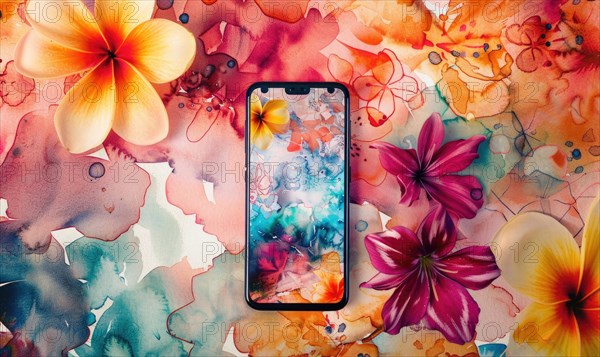 Artistic smartphone mockup against a vibrant watercolor floral seamless background AI generated