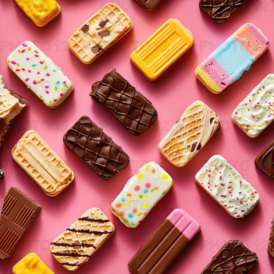 Flat lay pattern ice cream sandwiches and ice cream bars on a colorful background AI generated