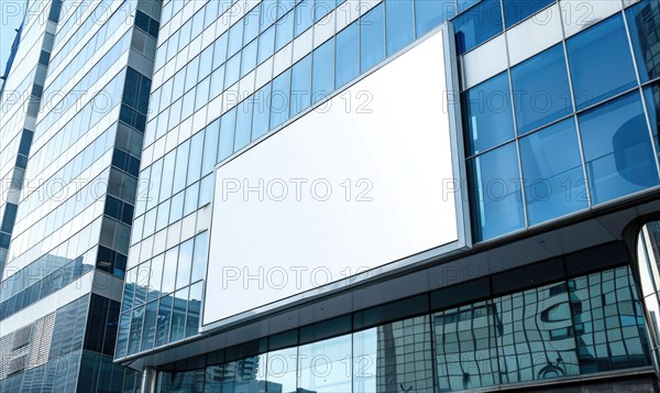 Blank screen banner mockup displayed on the modern building facade. Close Up view AI generated