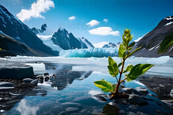 Melting glacier water cascading down its sides single green sapling, AI generated