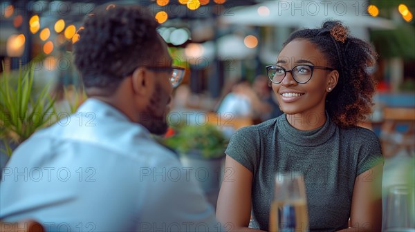 African woman with glasses smiling engaging in casual conversation with a man at an outdoor dining table, AI generated