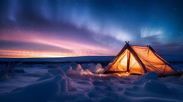 Frost encrusted tent nestled in a pristine snowscape warm glow emanating from within in an aurora borealis sky, AI generated