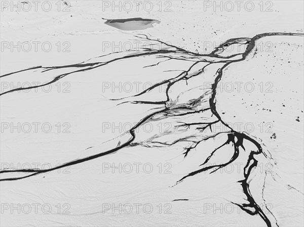 Overgrown river landscape, onset of winter, Fjallabak Nature Reserve, drone image, black and white image, Sudurland, Iceland, Europe