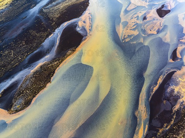 Overgrown mineralised river landscape, drone image, Landeyjasandur, Sudurland, Iceland, Europe