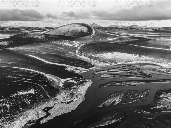 Overgrown river landscape and volcanic landscape, drone image, black and white image, Fjallabak Nature Reserve, Sudurland, Iceland, Europe