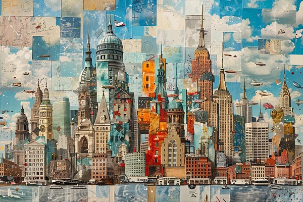 Colorful abstract collage of mixed media depicting various skyscrapers and urban landmarks, illustration, AI generated