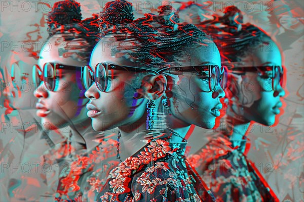 Anaglyph image with 3D glasses effect showing multiple profiles in modern fashion, illustration, AI generated
