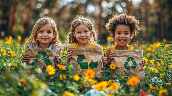 Three joyful children holding bags with recycling symbols surrounded by yellow flowers outdoors, waste separation, reduction and recycling concept, AI generated