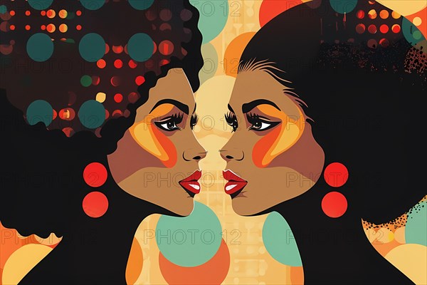 Abstract art portrait of two women face to face with vibrant colors and symmetrical patterns, illustration, AI generated