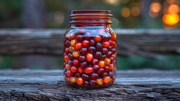 A glass jar filled with multicolored corn kernels sits on a wooden surface, AI generated