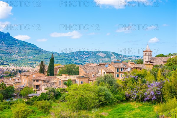 Southern village of Biniaraix with small church, houses, buildings, view towards Soller, rural scenery in the sunshine, mountain village with mountain landscape and Mediterranean vegetation, cypresses (Cupressus), wisterias (Wisteria), also Wisteria, Wisteria, wisteria, wisteria, wisteria or wisteria, palm trees (Arecaceae) rural gardens, the mountains rise picturesquely in the background, blue sky with white clouds, sunny day, spring, springtime, valley of Soller, Majorca, Spain, Europe