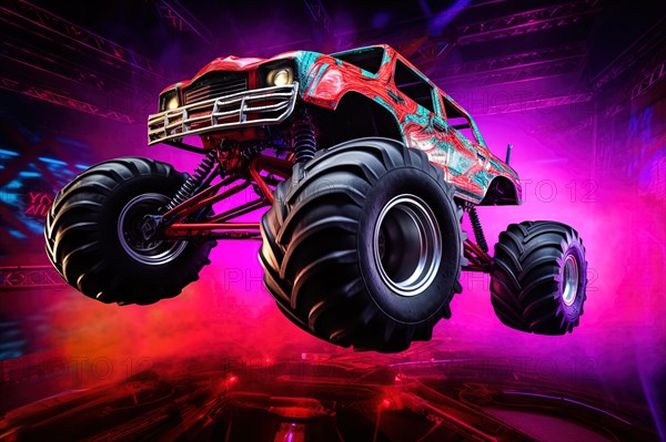 Monster truck with neon lighting, jumping off-road in cloud of dust. Excitement and thrill of an extreme sport, AI generated