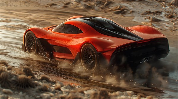 Red hypercar test desgin in dynamic off-road action, splashing through mud, AI generated