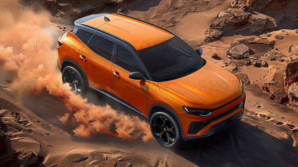 An orange SUV kicking up sand while driving through desert dunes in an adventurous setting, AI generated