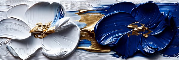 Abstract textured painting with dynamic strokes of white, blue, and gold, banner 3:1 wide style, horizontal aspect ratio, AI generated